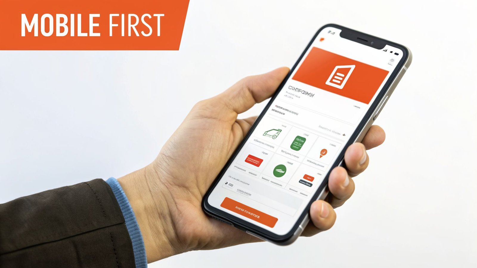 A hand holds a smartphone displaying a mobile app dashboard with various icons and an orange 'MOBILE FIRST' banner.