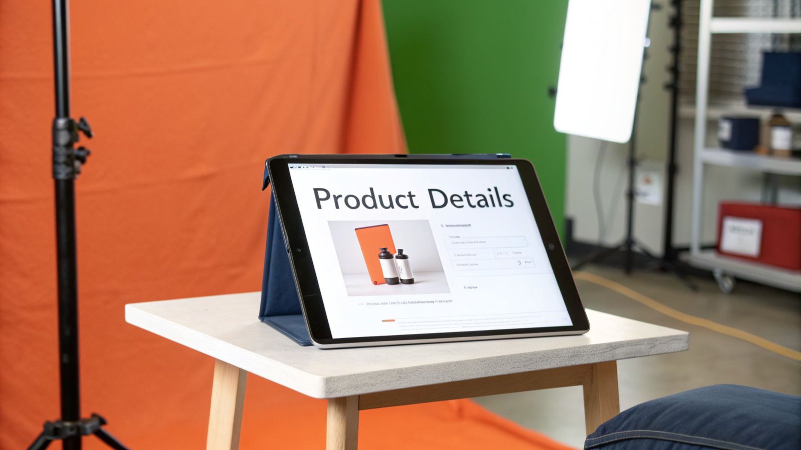 A tablet on a table displays an e-commerce 'Product Details' page in a studio setting.