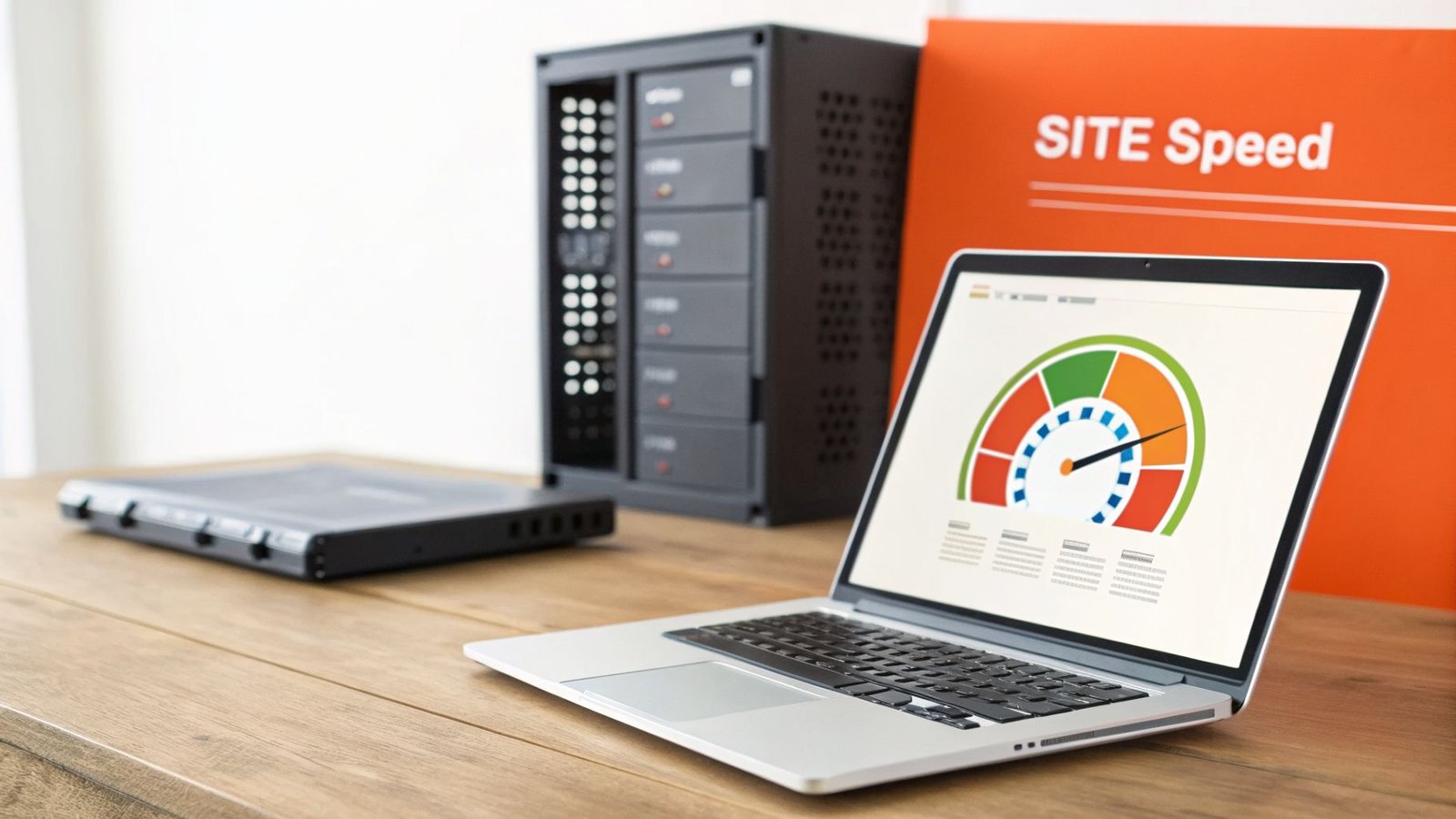 Laptop displaying a website speed gauge with 'SITE Speed' sign and server equipment.