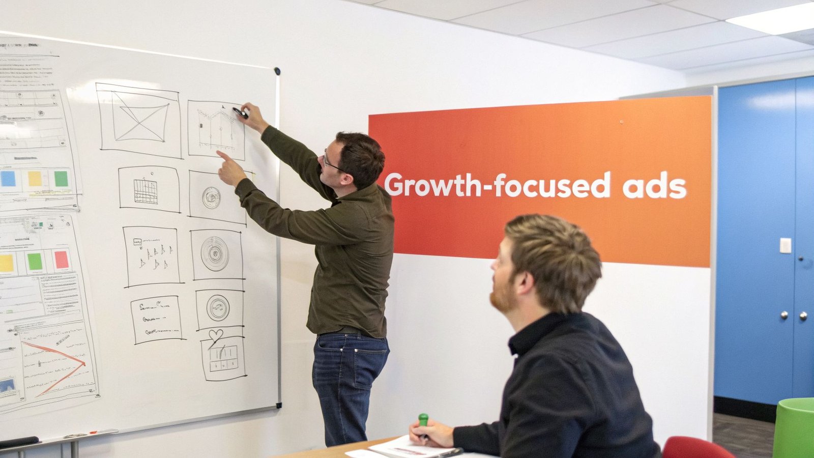 Colleagues brainstorming at a whiteboard, sketching ideas for 'Growth-focused ads'.