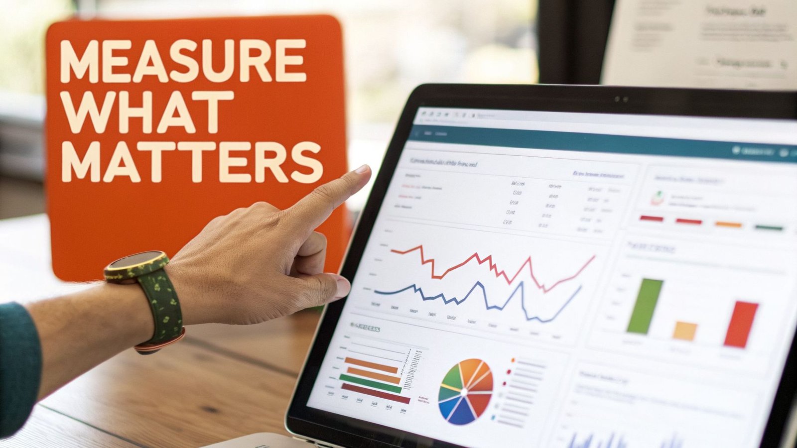 A hand points at a laptop displaying data dashboards and charts, with a 'Measure What Matters' sign.