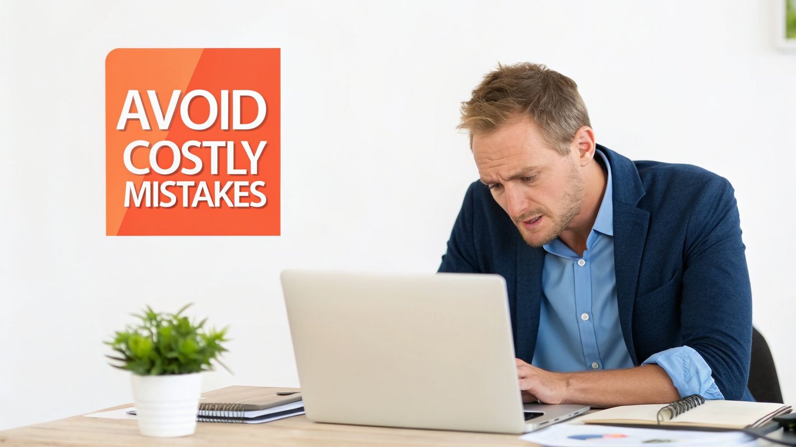 A focused man looking at his laptop, with a graphic saying 'AVOID COSTLY MISTAKES' in the background.