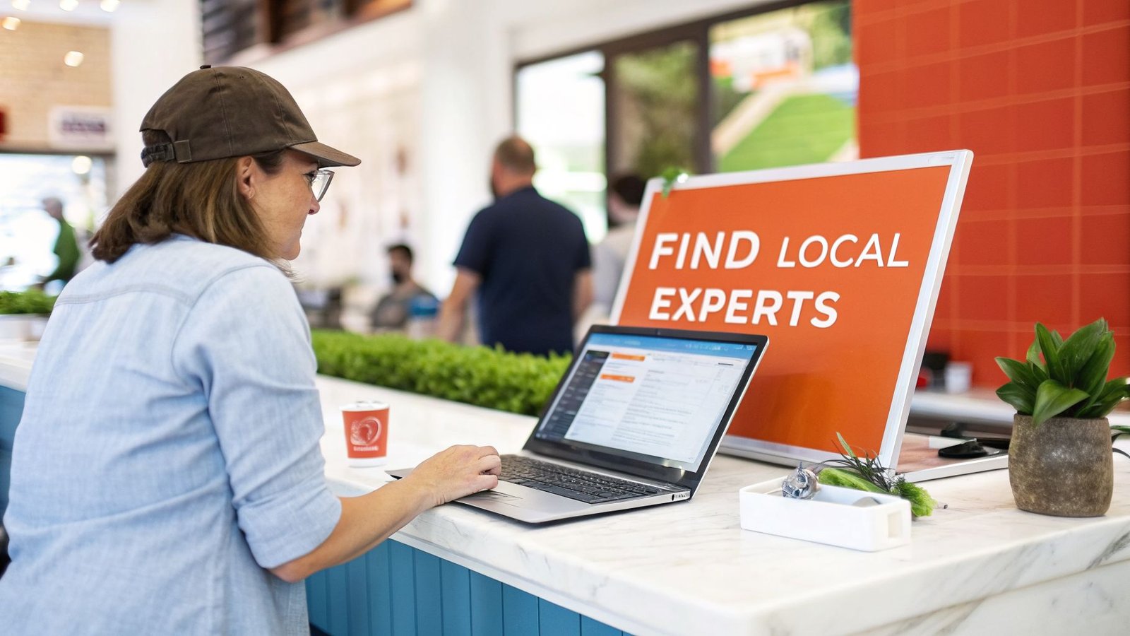 A woman in a cap and denim shirt works on a laptop at a counter with a 'FIND LOCAL EXPERTS' sign.