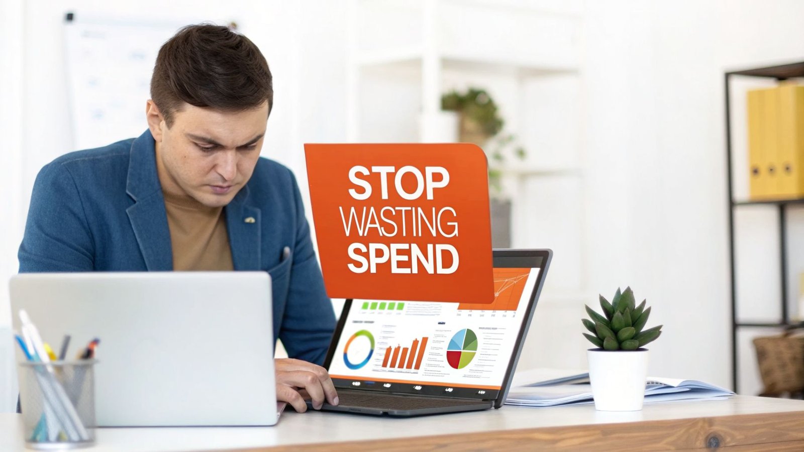 Man focused on laptop with financial charts, showing an overlay 'STOP WASTING SPEND'.