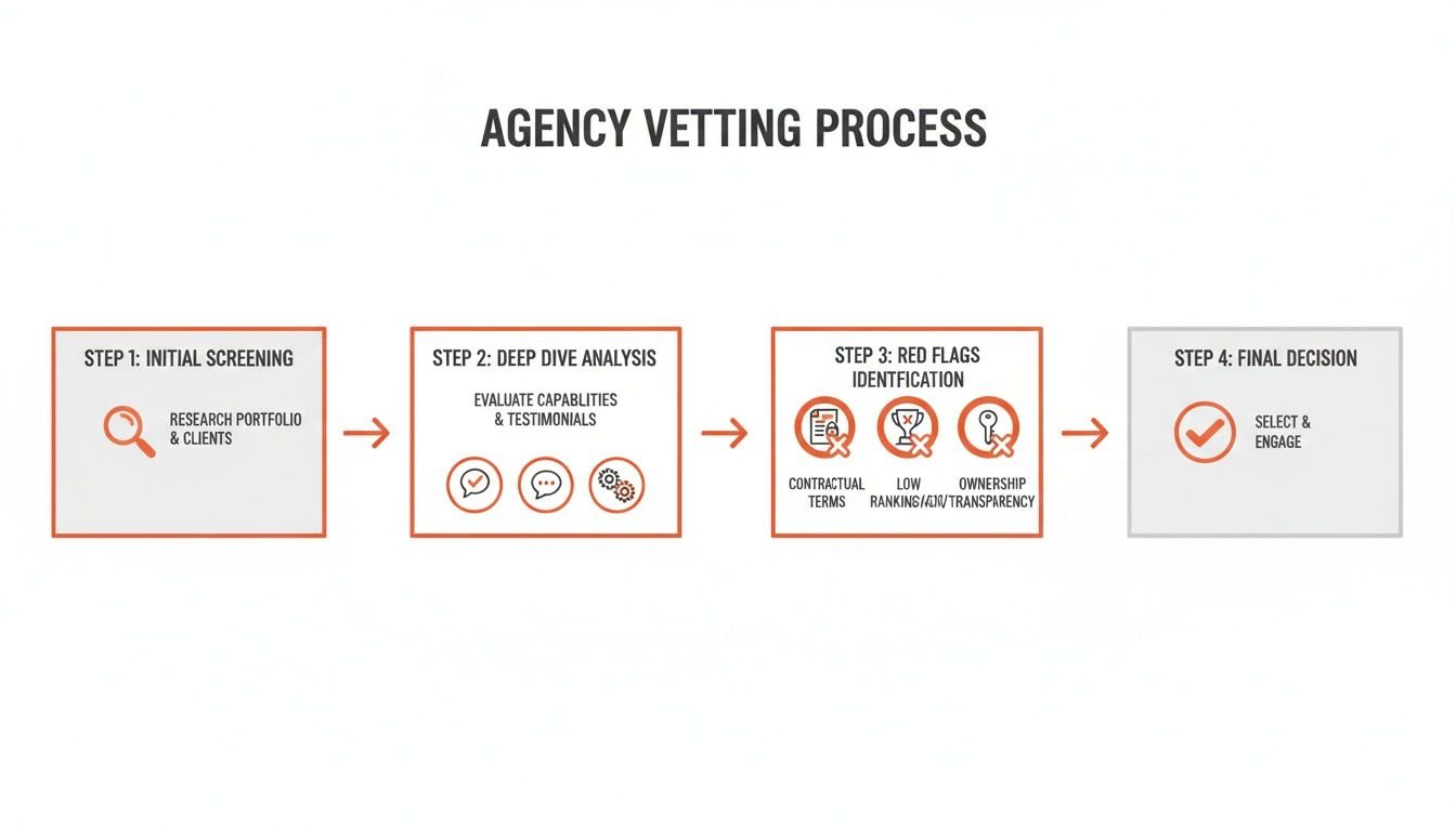 Diagram showing a four-step agency vetting process, including screening, deep dive analysis, red flags, and final decision.