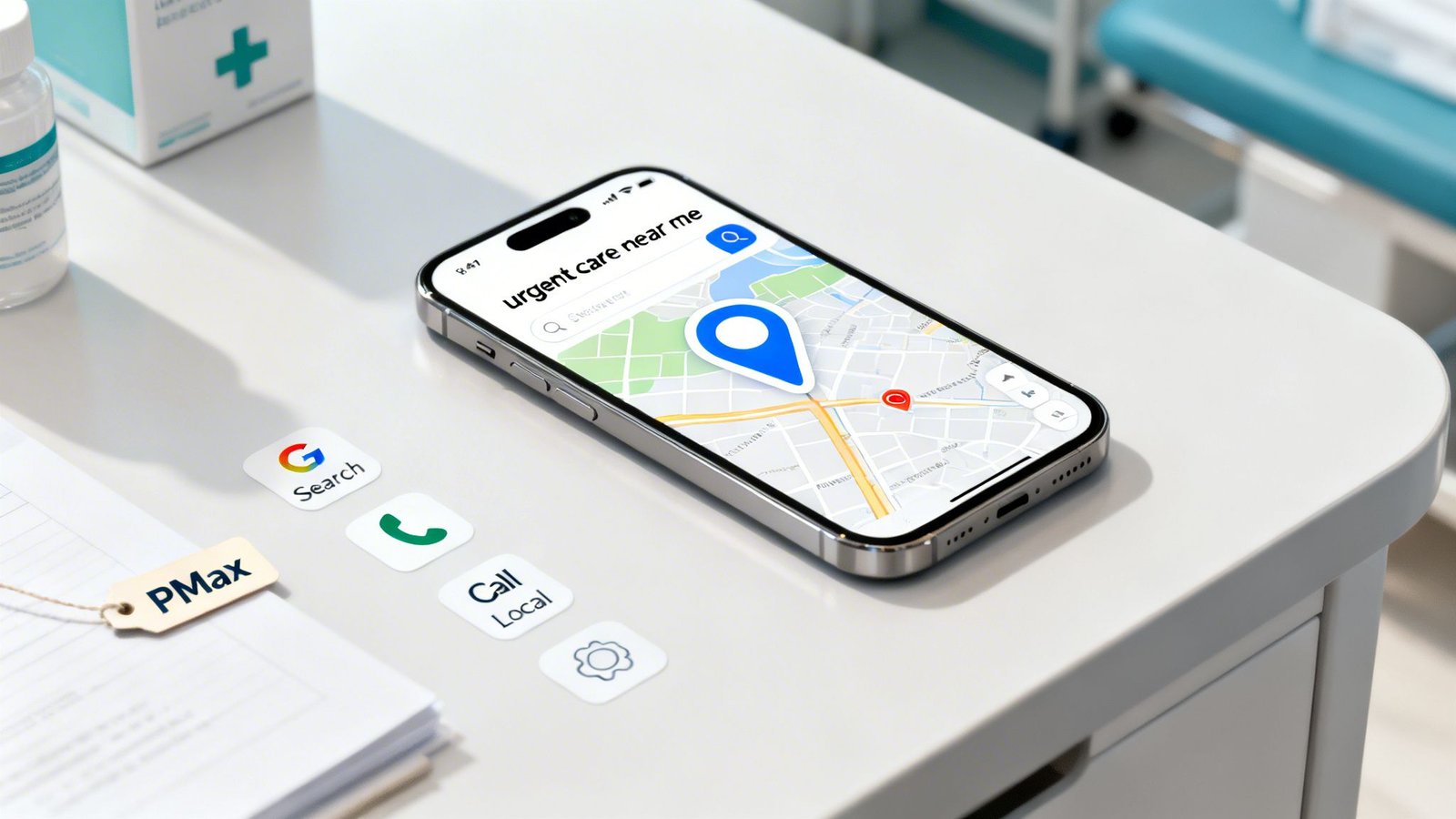Smartphone showing 'urgent care near me' on a map, with Google Search and Call Local icons, plus PMax tag.