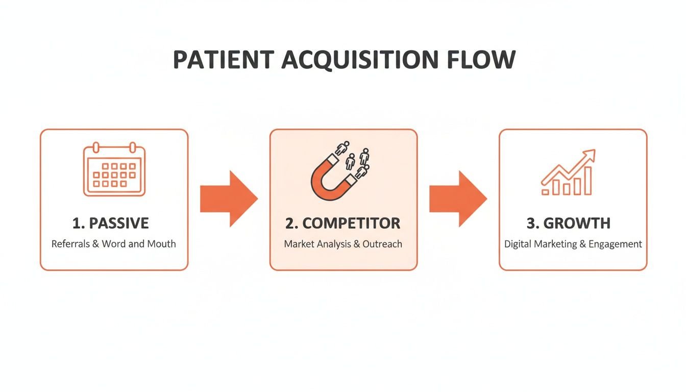 Patient acquisition flow diagram showing passive referrals, competitor market analysis, and digital marketing for growth.