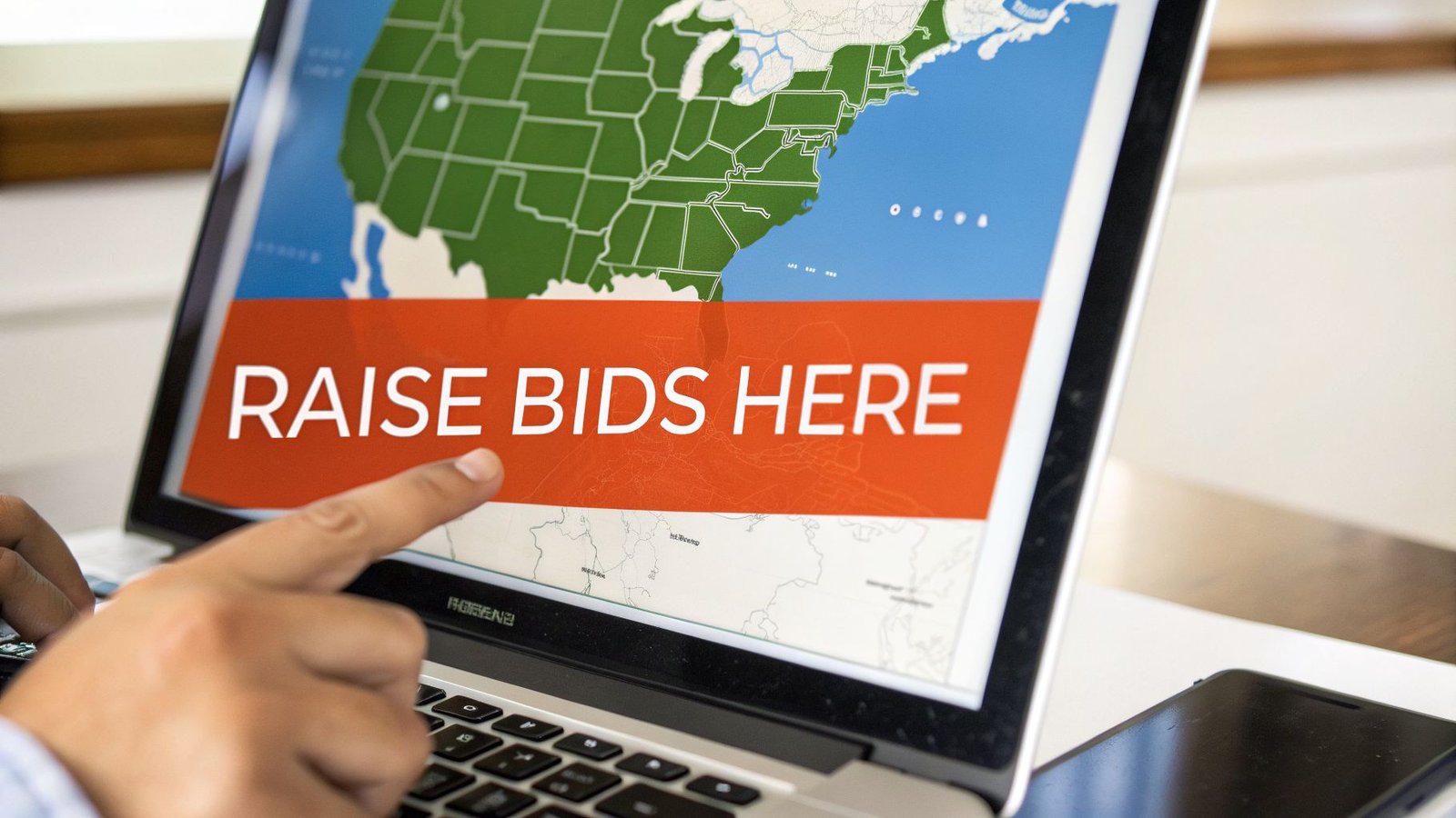 A person points at a laptop screen showing a US map and 'RAISE BIDS HERE' text.