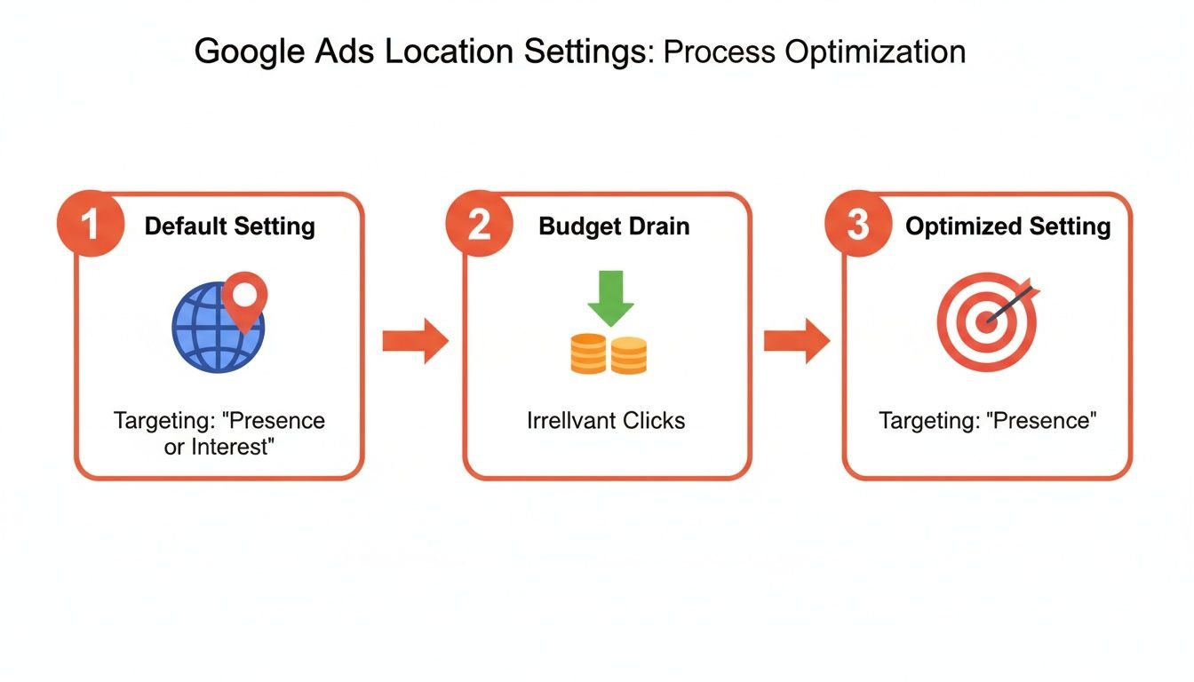 Diagram illustrating Google Ads location settings optimization from default 'Presence or Interest' to 'Presence' to prevent budget drain.