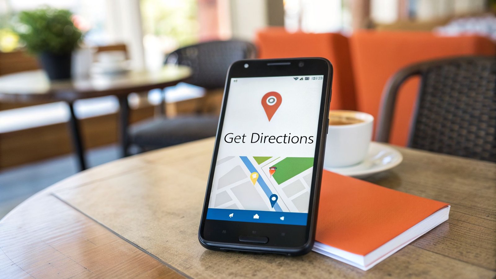 A smartphone on a cafe table displays 'Get Directions' on a map app next to coffee.