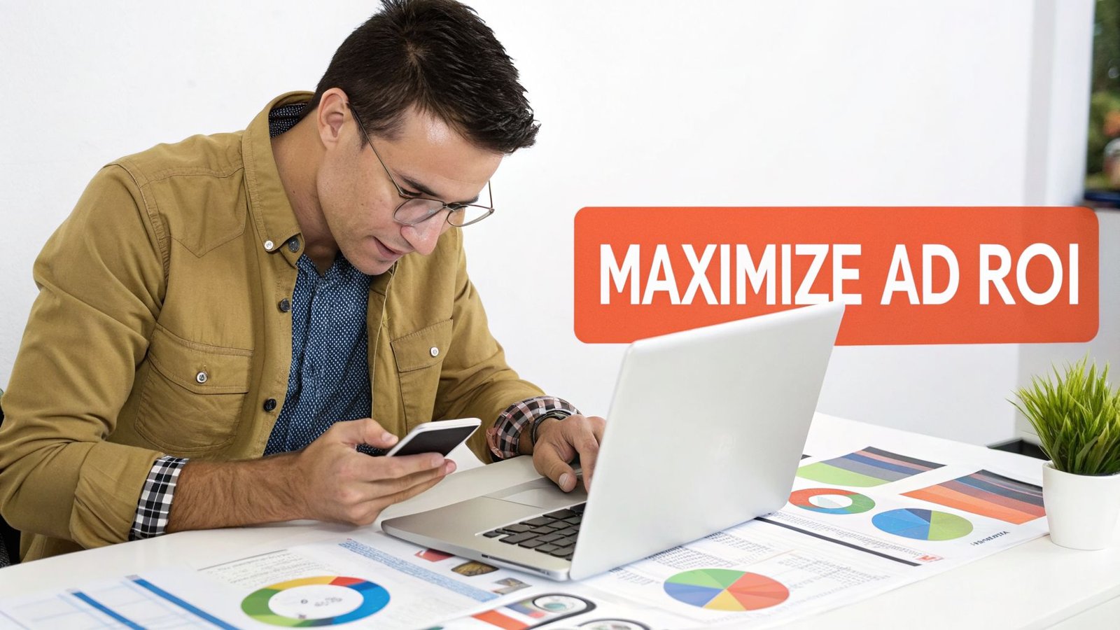 A man in glasses works on a laptop and smartphone at a desk with charts and a 'MAXIMIZE AD ROI' banner.