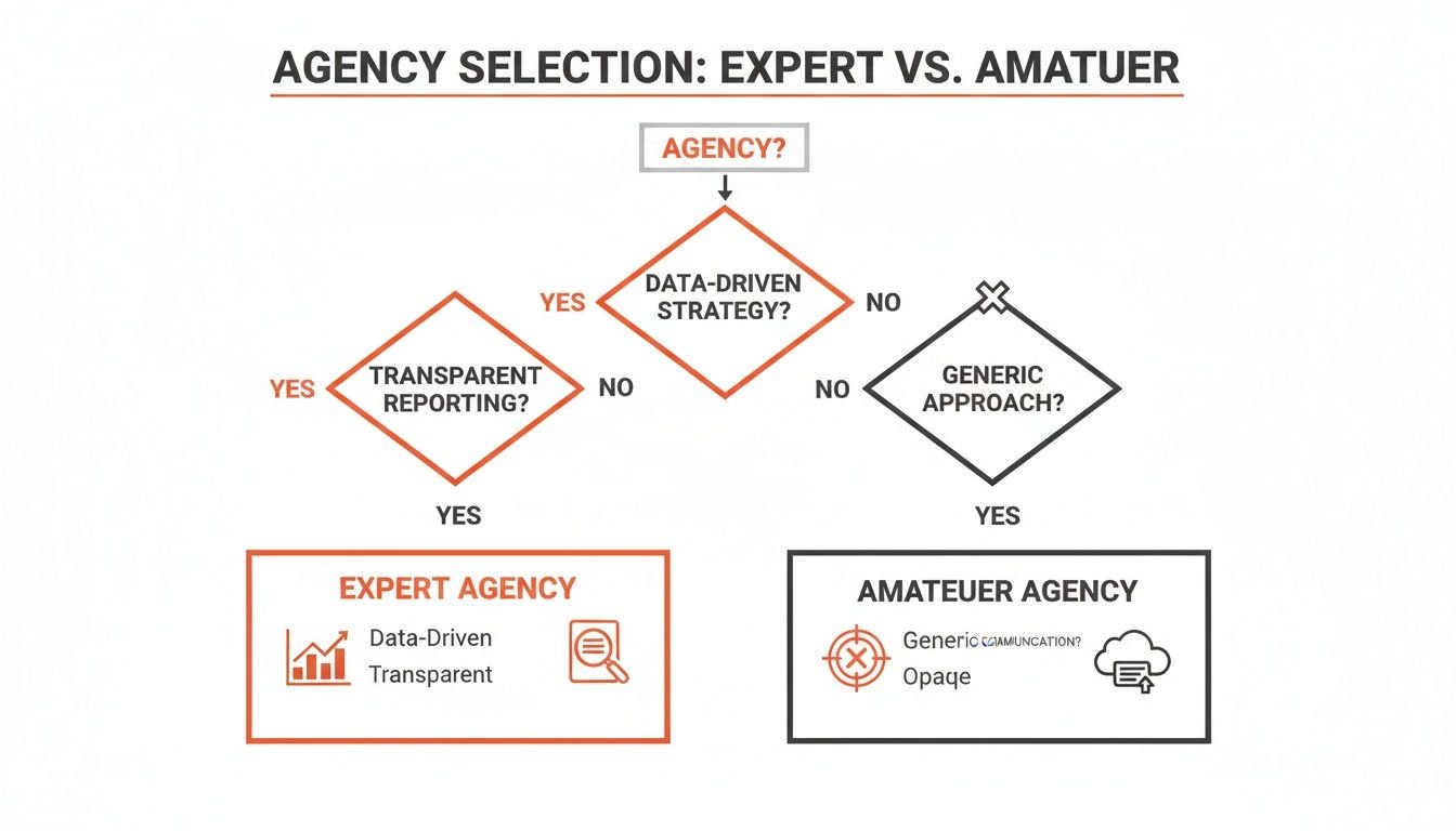A flowchart detailing agency selection, differentiating expert from amateur agencies based on strategy and reporting.