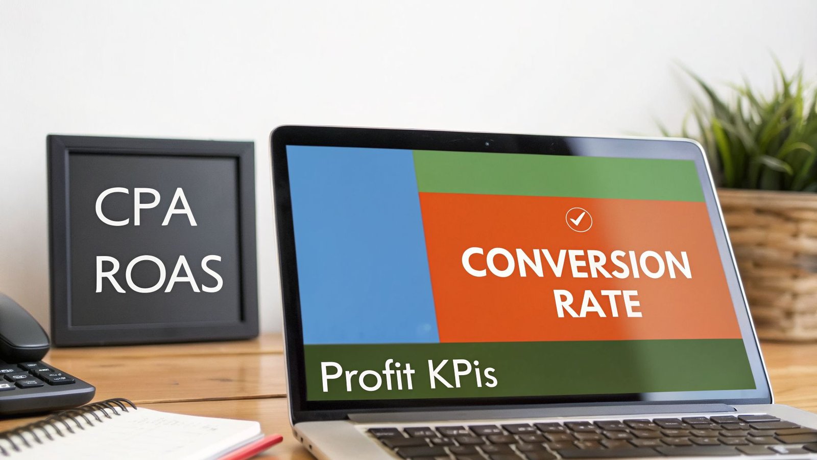 A laptop displays 'Conversion Rate' and 'Profit KPIs' next to a blackboard sign with 'CPA ROAS'.