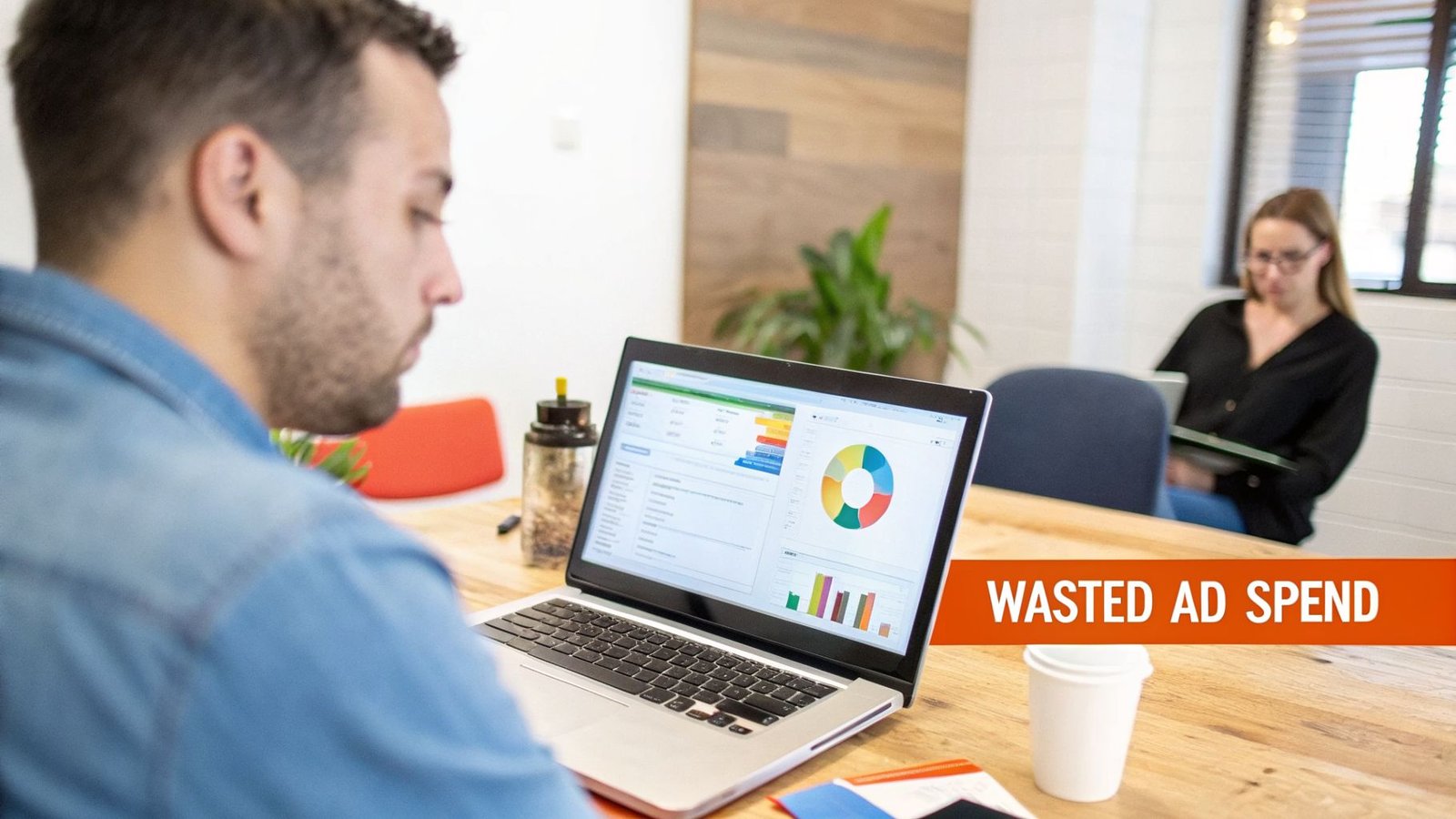 Man reviews ad performance data on a laptop in an office, with a 'Wasted Ad Spend' alert.
