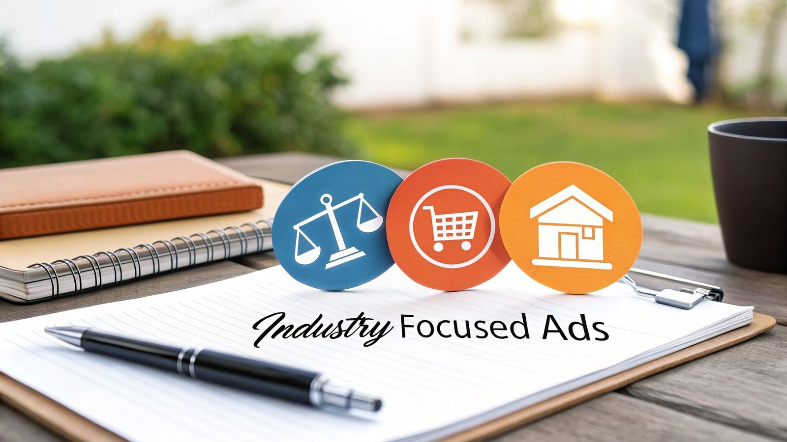 A notebook displays 'Industry Focused Ads' text, with icons for legal, retail, and real estate, on a wooden desk.