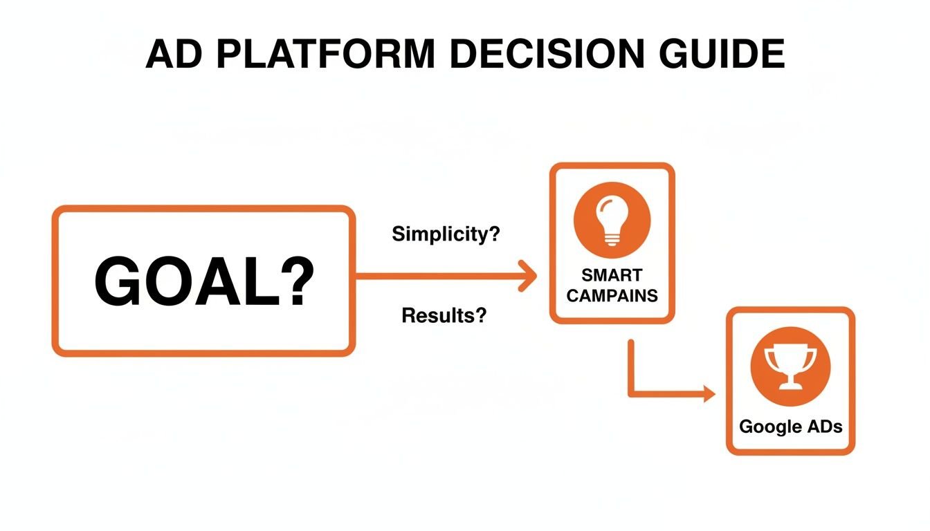 Ad platform decision guide flowchart, directing users from goal to Smart Campaigns or Google Ads.