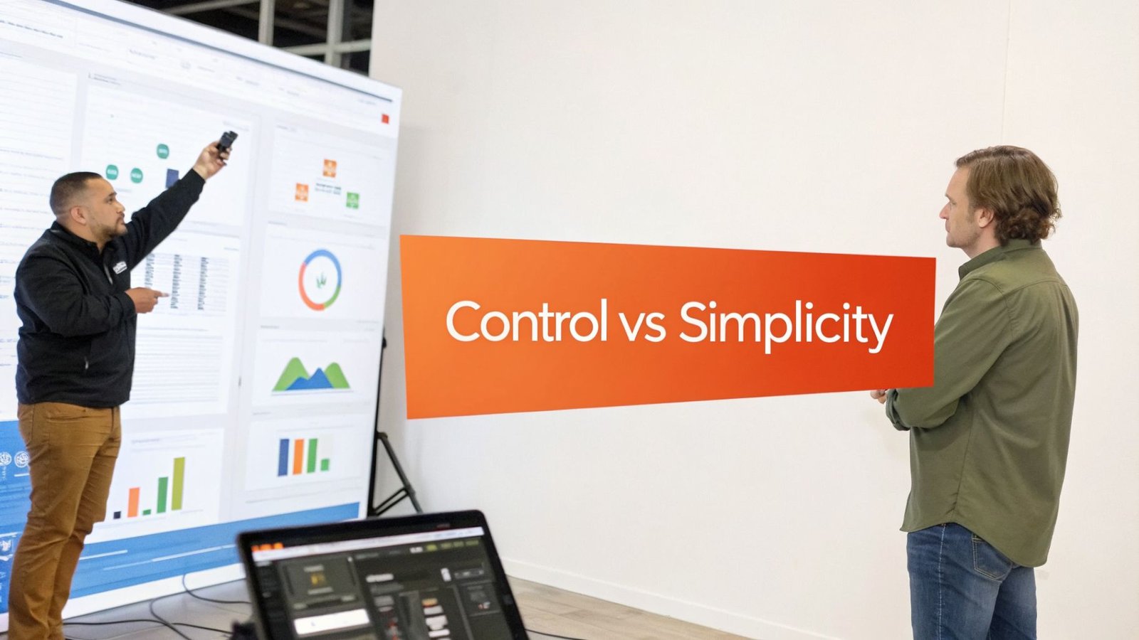 Two men analyze data on a large screen with charts, discussing 'Control vs Simplicity'.