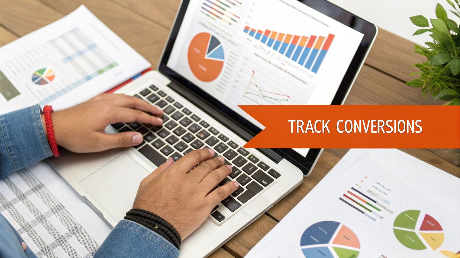 Person tracking conversions on a laptop with data charts and business reports.