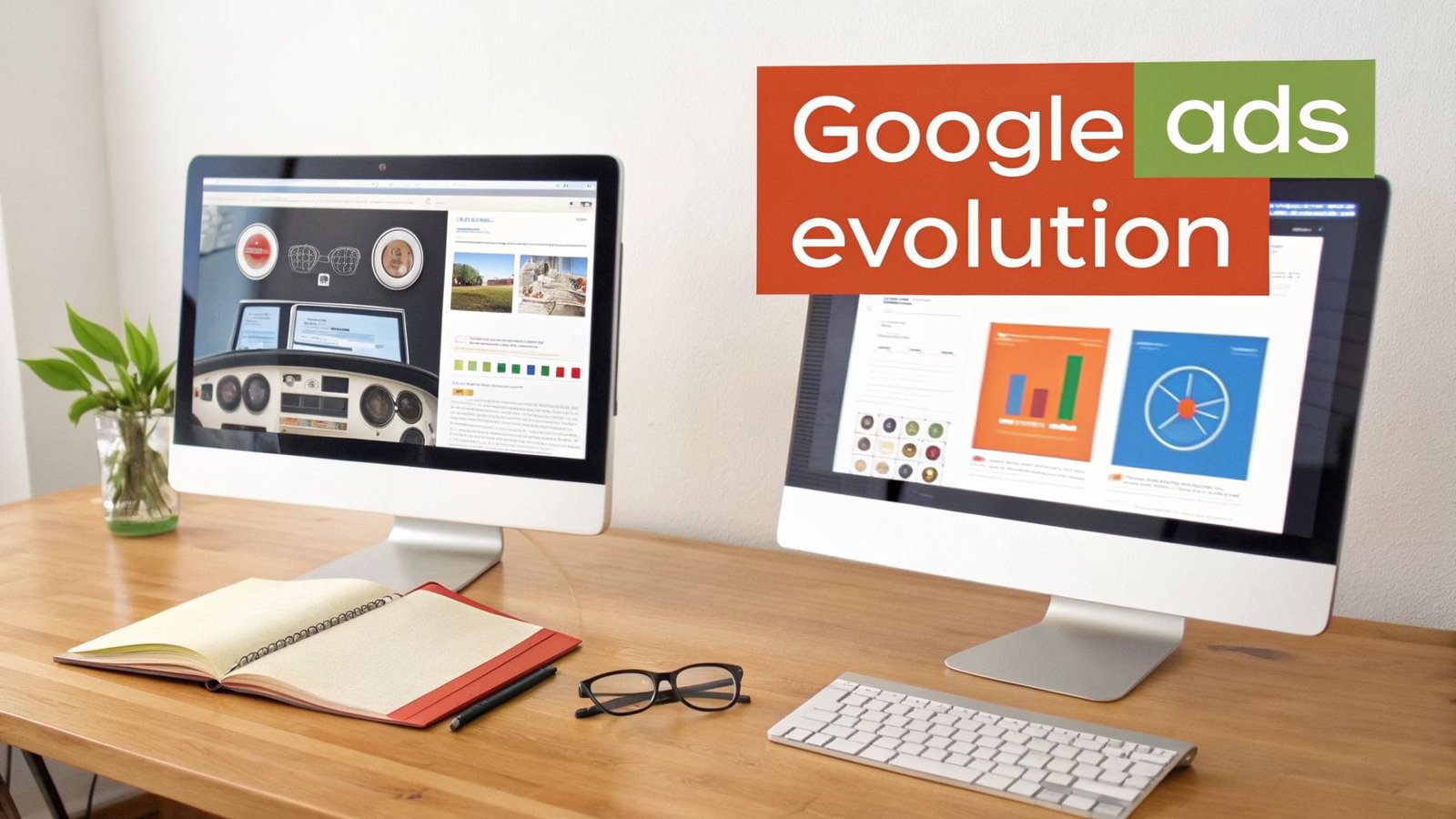 Two computer monitors on a desk, one with 'Google ads evolution' text, displaying charts and designs.