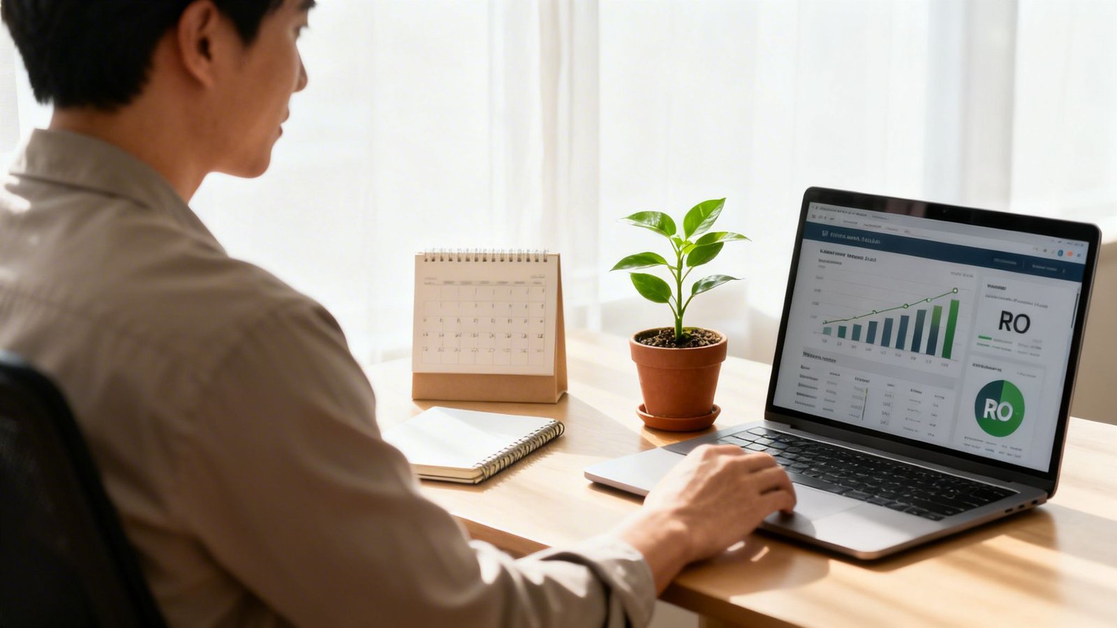 A person works on a laptop displaying business analytics, with a plant and calendar on a bright desk.