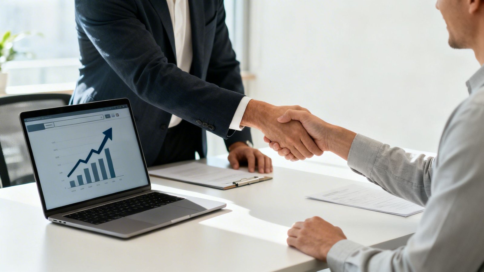 Two business people shaking hands over a laptop displaying a rising graph, indicating success.