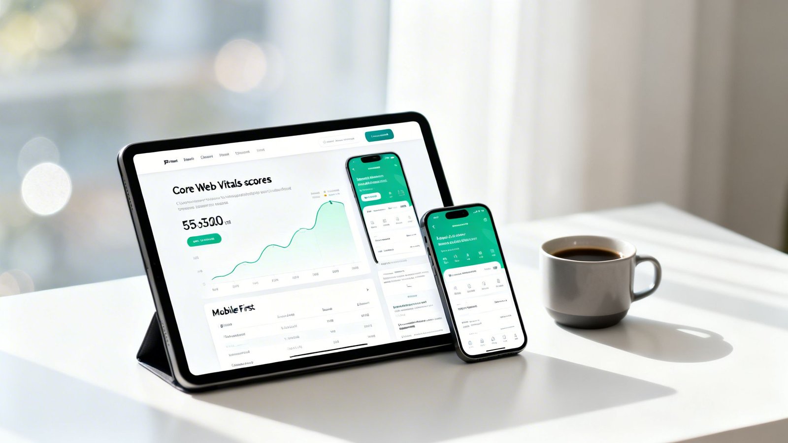 A tablet and smartphone displaying web analytics and performance scores, next to a coffee cup on a white desk.