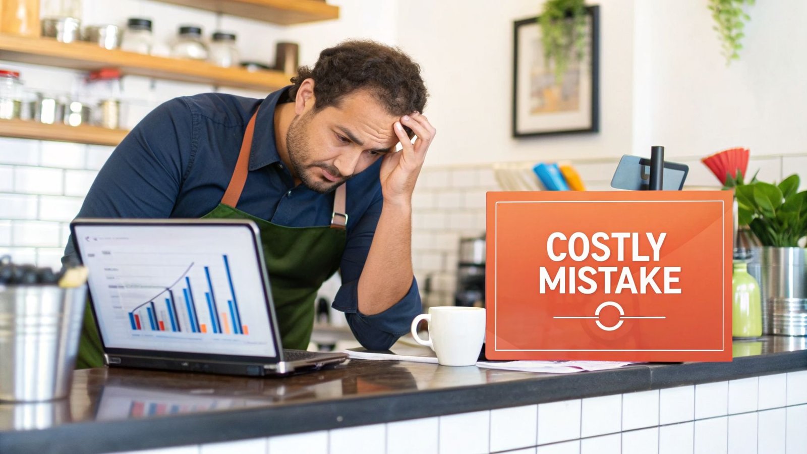 A stressed cafe owner reviews business data on a laptop, realizing a costly mistake.
