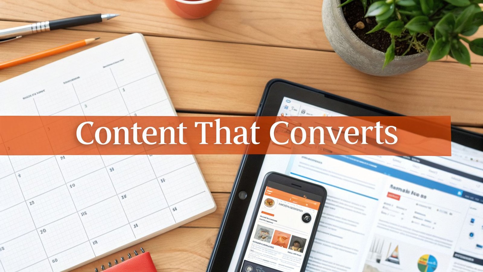A flat lay of a desk with a calendar, pen, digital devices, and a plant, overlaid with "Content That Converts".