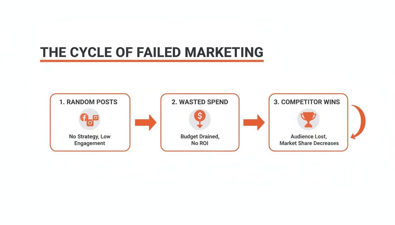Flowchart illustrating the cycle of failed marketing steps from random posts to competitor wins.