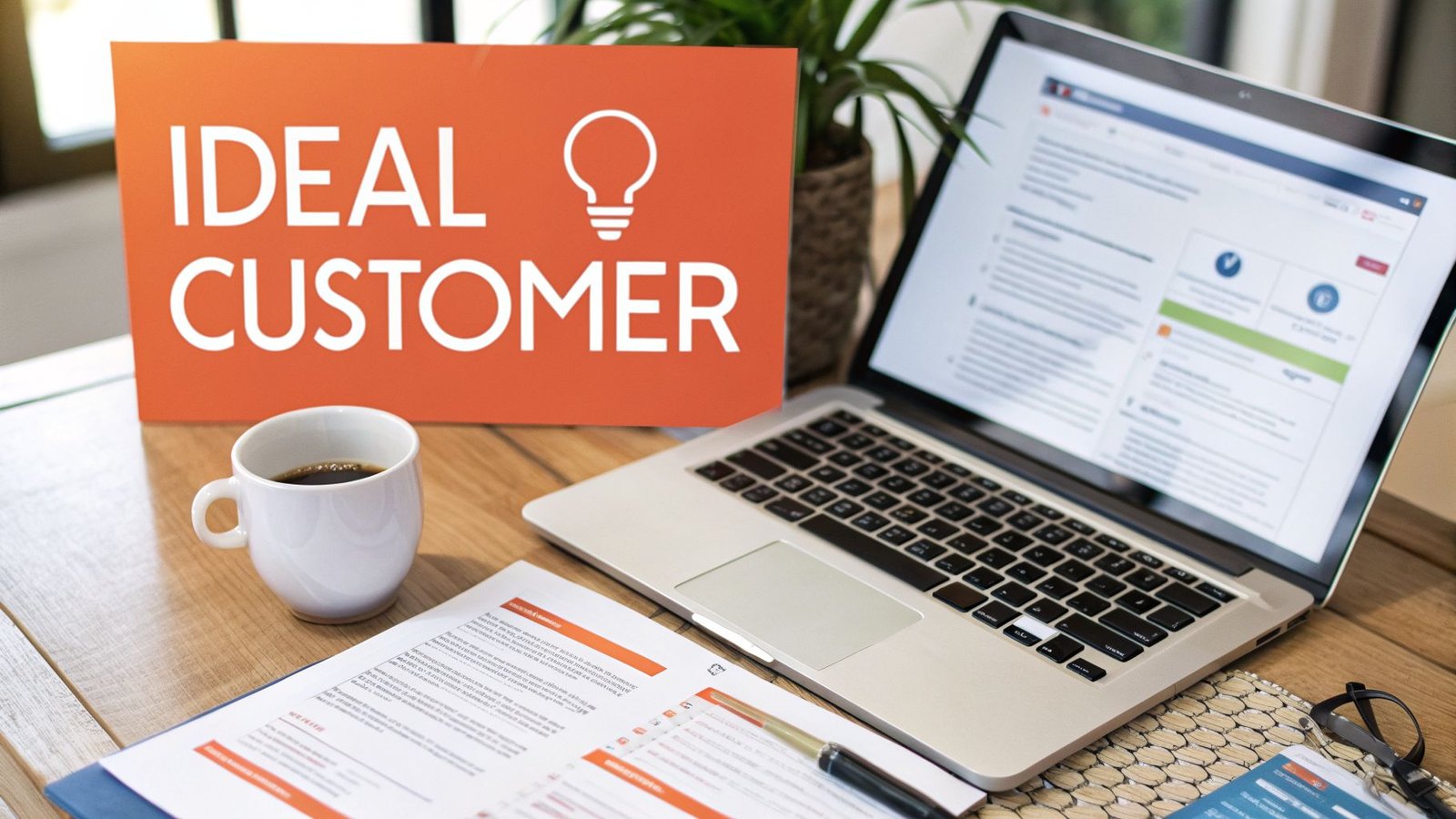 A desk with a laptop, coffee cup, documents, and an orange sign reading 'IDEAL CUSTOMER' with a lightbulb.