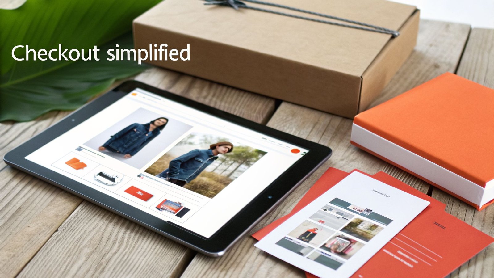 A tablet displaying an e-commerce website with clothing items, next to a gift box and an orange book.