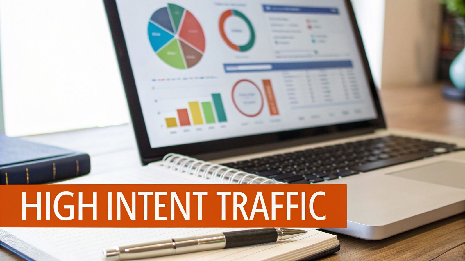 A laptop displays marketing data with charts and graphs, alongside a notebook and pen. The text 'HIGH INTENT TRAFFIC' is overlaid.