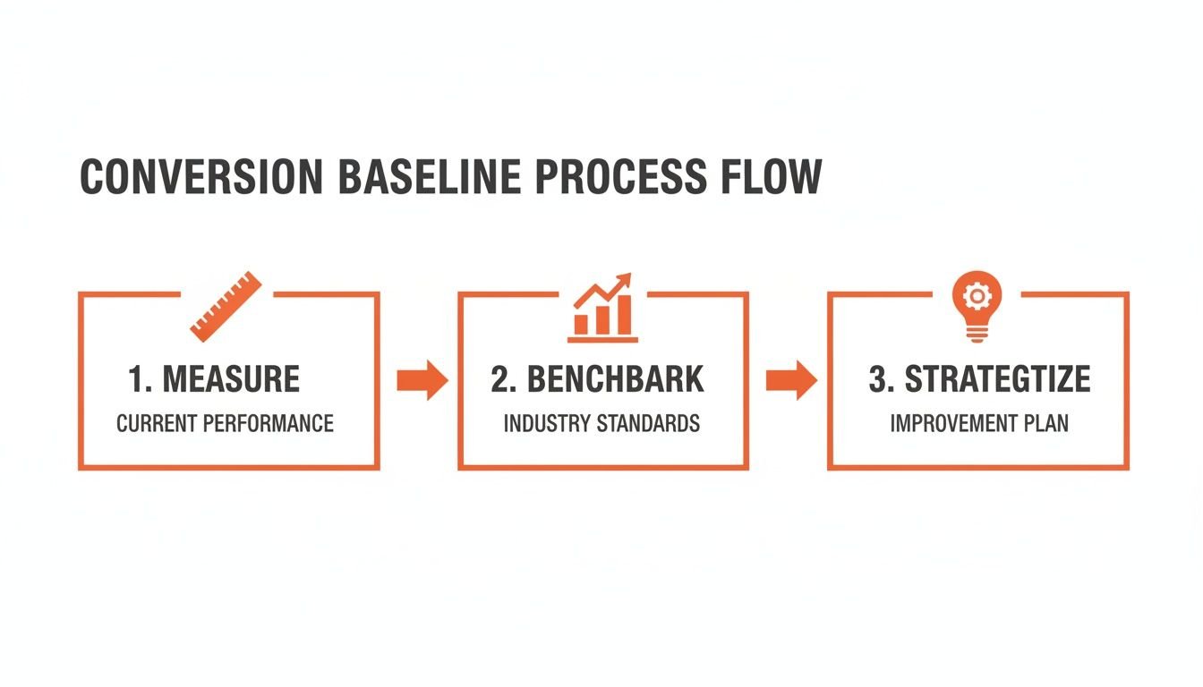A conversion baseline process flow diagram with three steps: Measure, Benchmark, and Strategize.