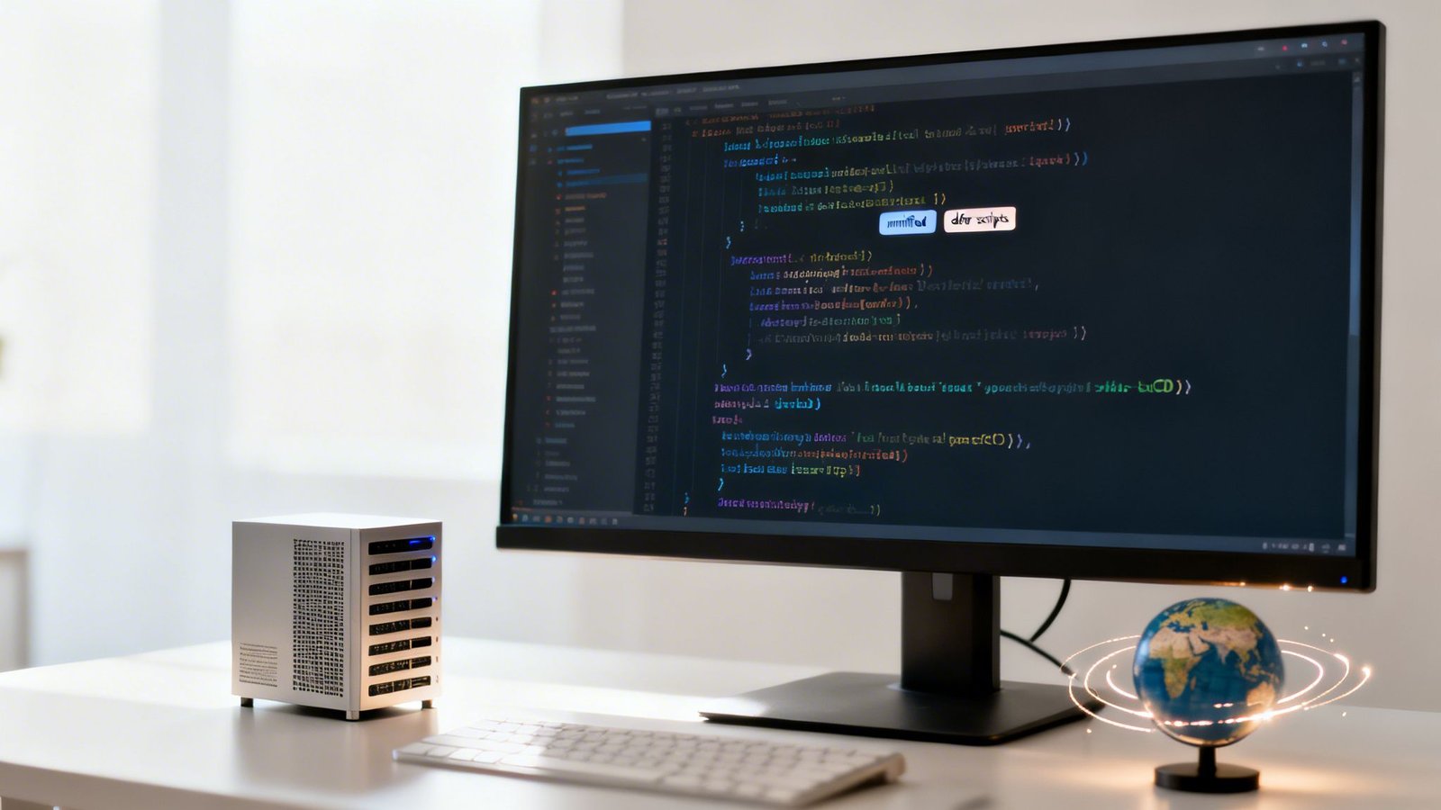 A modern tech workspace featuring a monitor displaying code, a silver server, keyboard, and a glowing globe.