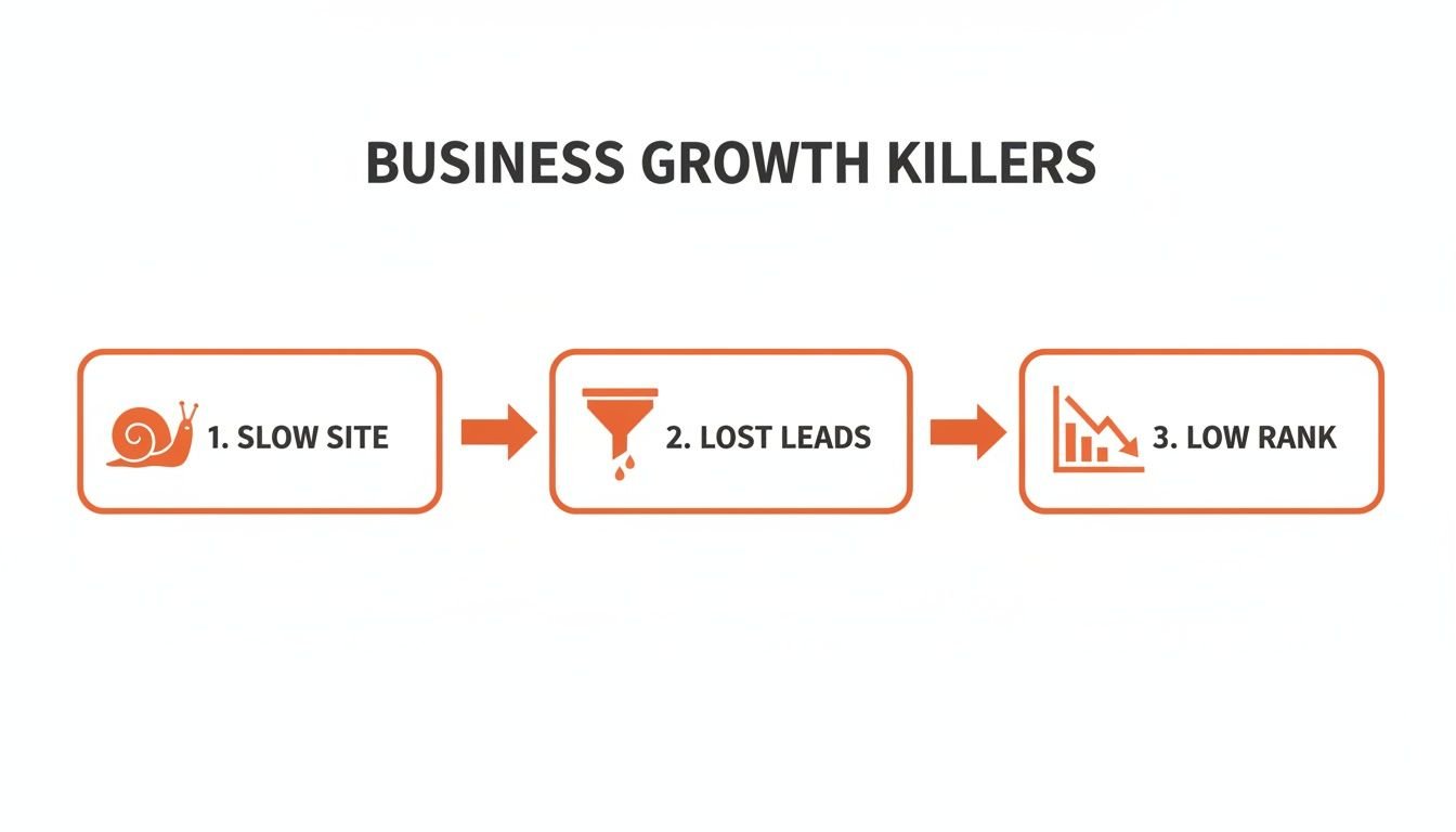 Diagram illustrating three business growth killers: slow site, lost leads, and low rank.