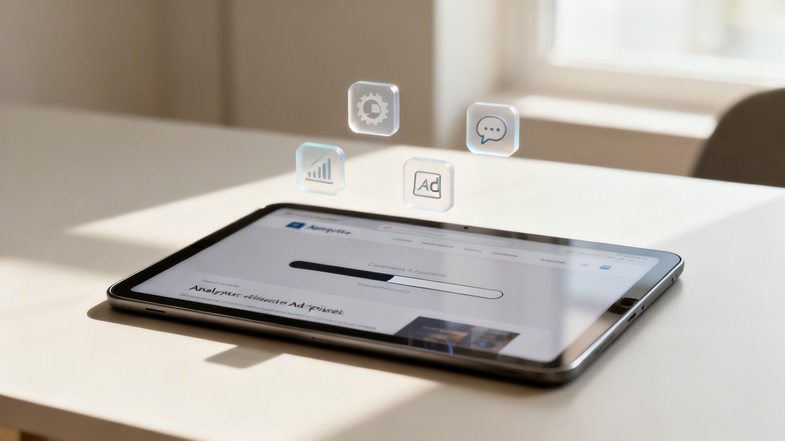 Tablet displaying a website with a loading bar, surrounded by holographic digital marketing icons.