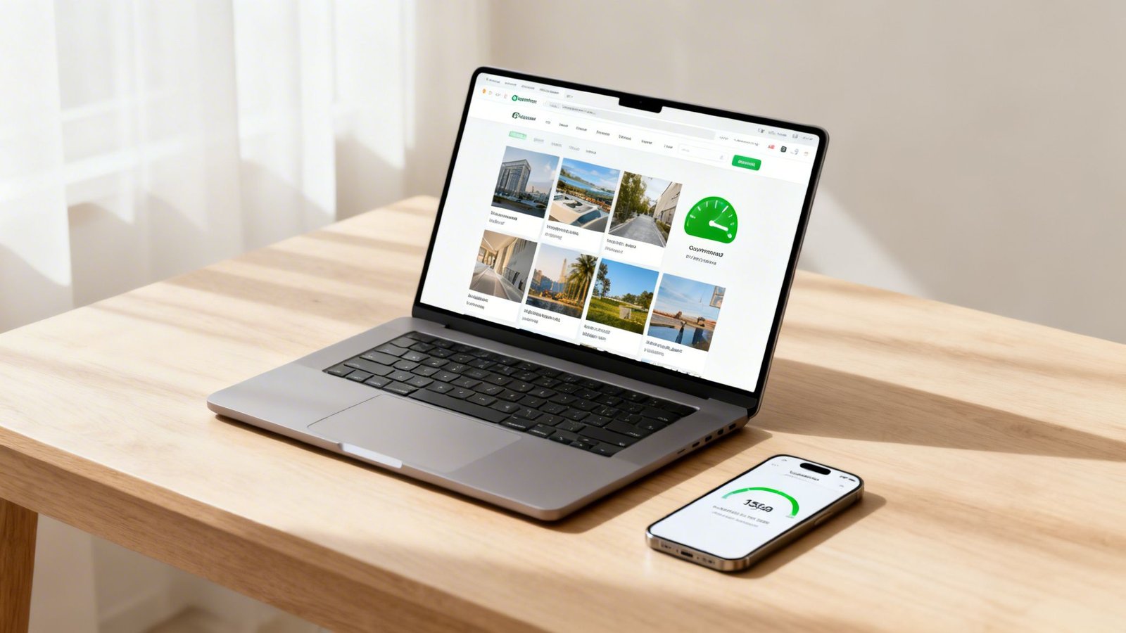 A laptop and smartphone display a website with images and speed optimization metrics on a wooden desk.