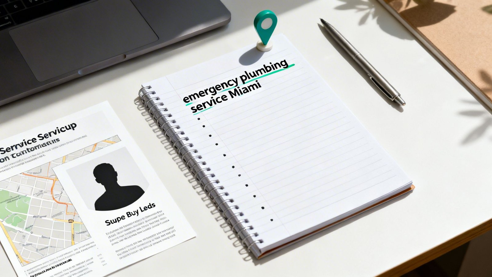 A white desk with a laptop, open notebook, pen, and document. The notebook lists 'emergency plumbing service Miami'.