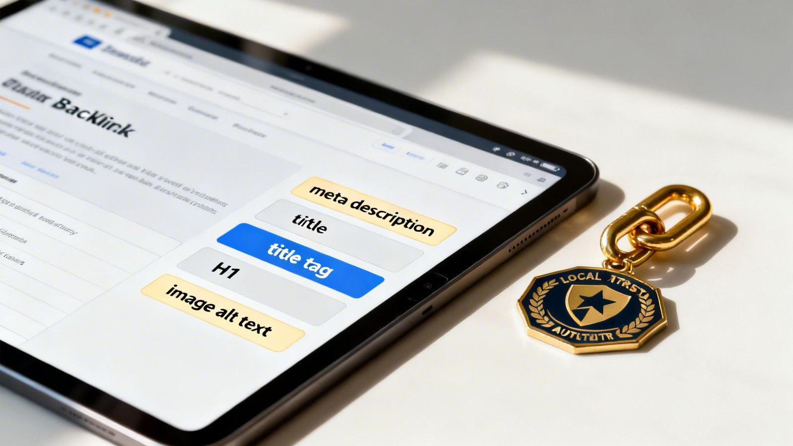 A tablet showing SEO elements like meta description, title, H1, and image alt text, with a link keychain.