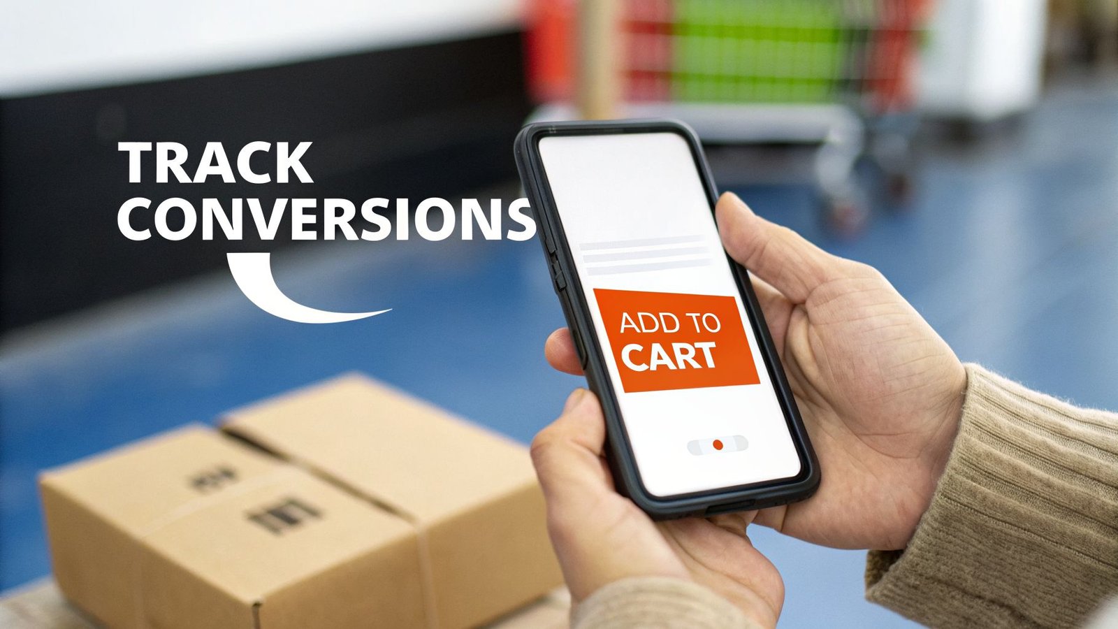 Person holding a smartphone displaying an 'ADD TO CART' button, with 'TRACK CONVERSIONS' text overlay.