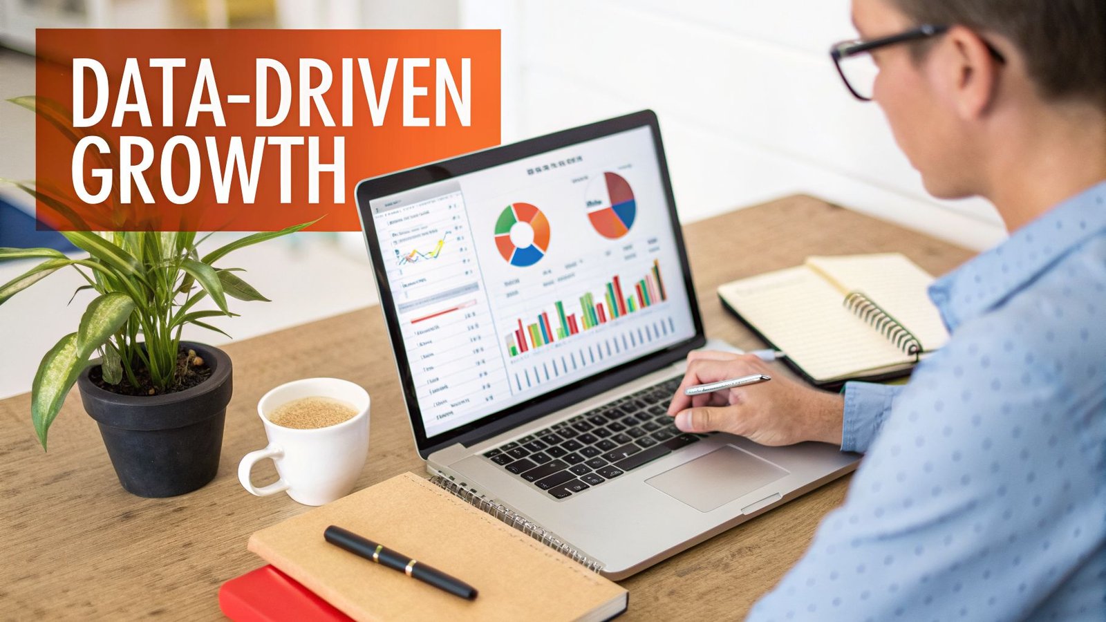 A person analyzes data visualizations on a laptop screen for data-driven growth strategies.