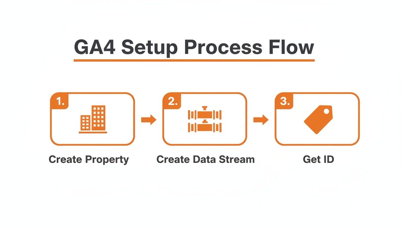 A diagram illustrating the Google Analytics 4 (GA4) setup process with three key steps.