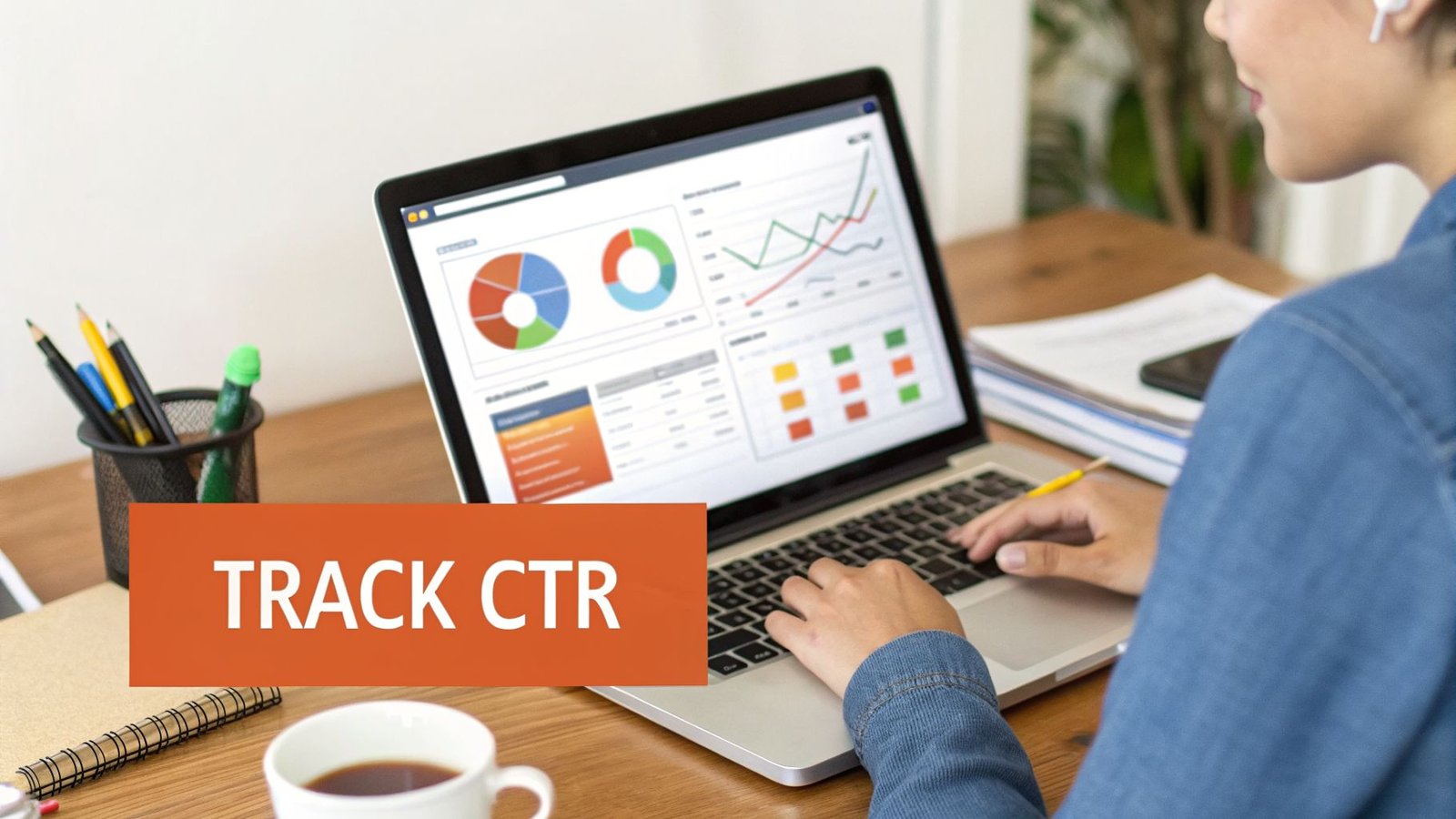 A person tracking CTR and analyzing marketing data on a laptop with charts and graphs.