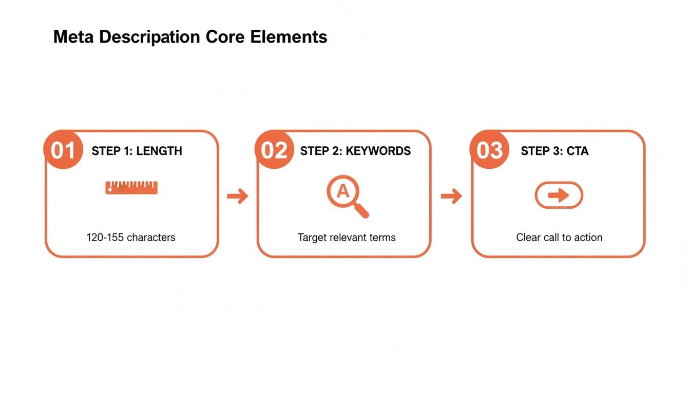 Flowchart showing three core elements for writing effective meta descriptions: length, keywords, and CTA.