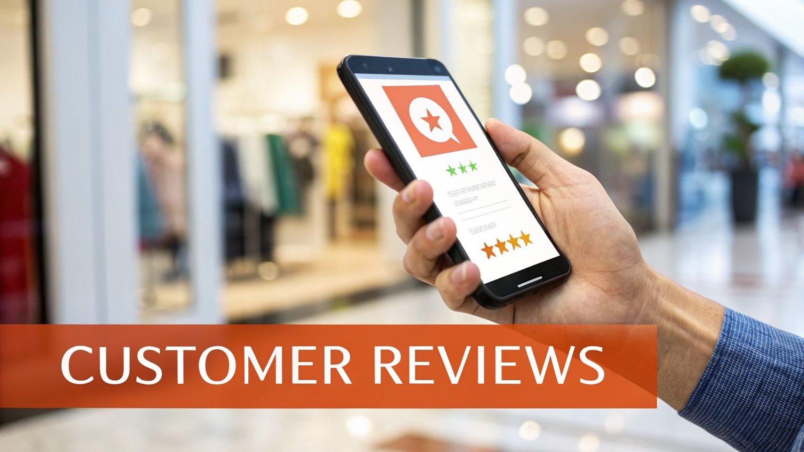 A hand holds a smartphone displaying customer reviews with star ratings, in a blurred mall setting.