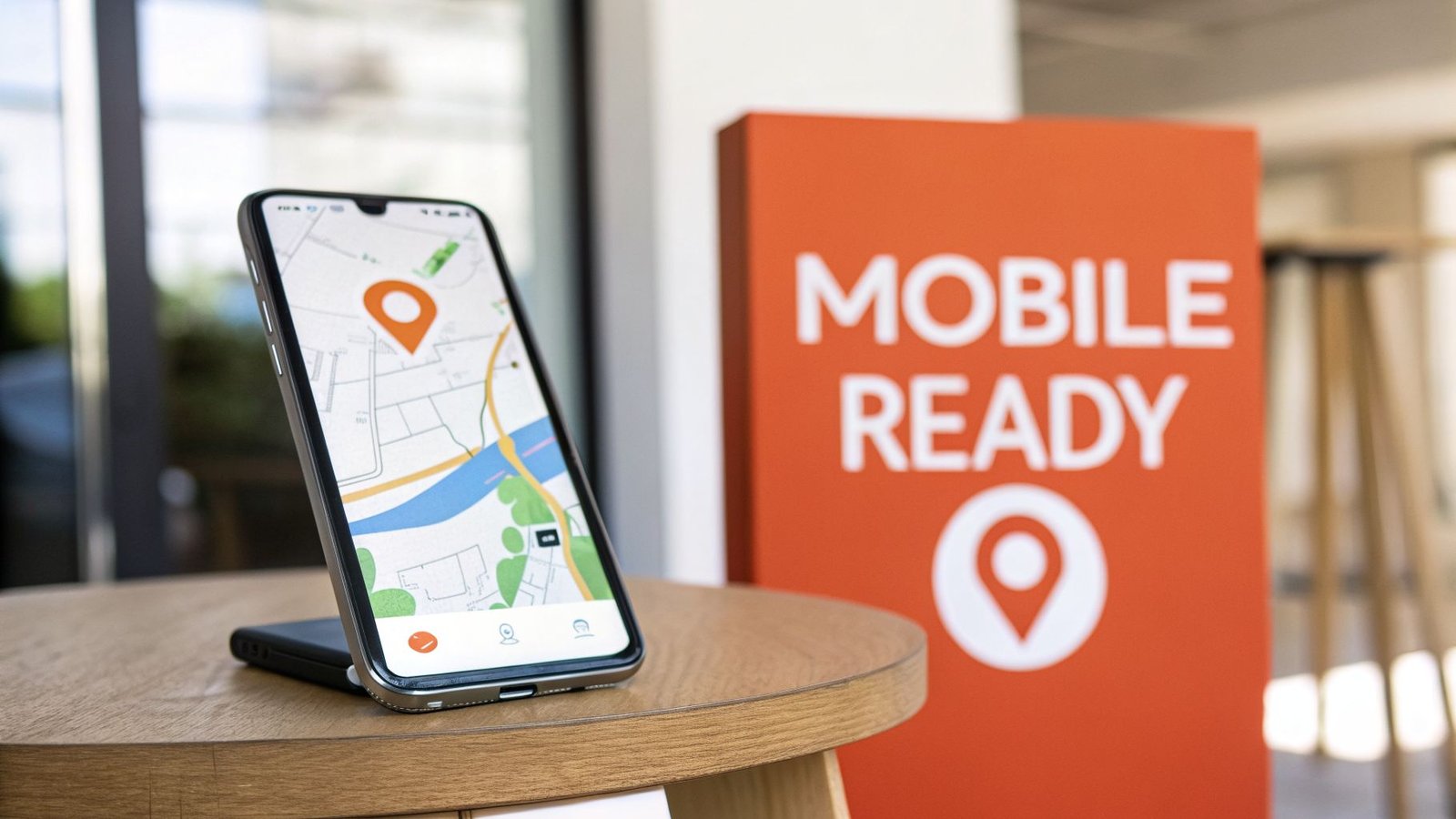 A smartphone on a wooden table displays a map application with an orange location pin. A "MOBILE READY" sign is in the background.