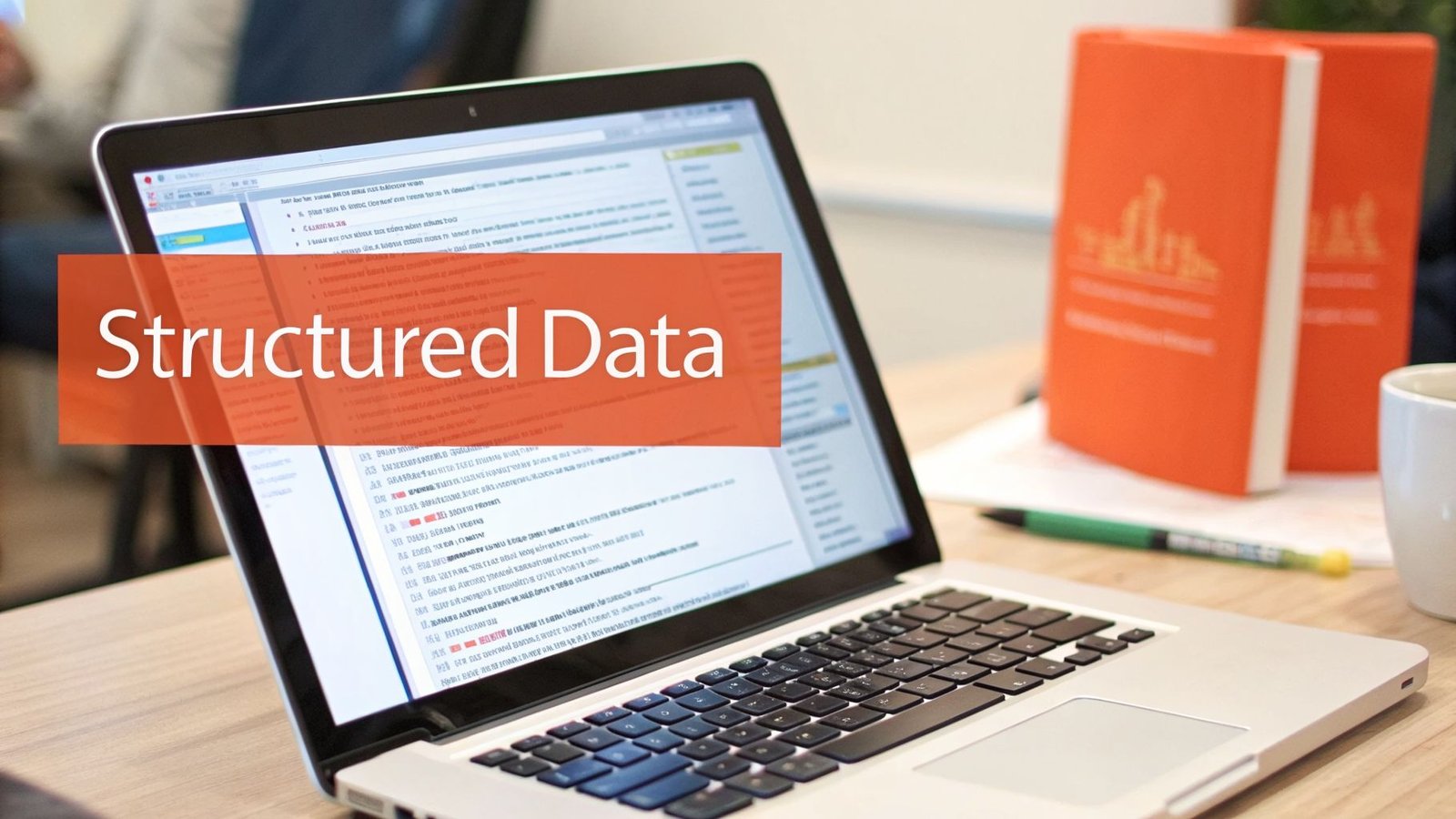 A laptop screen displays 'Structured Data' text in an office setting with books and a cup.