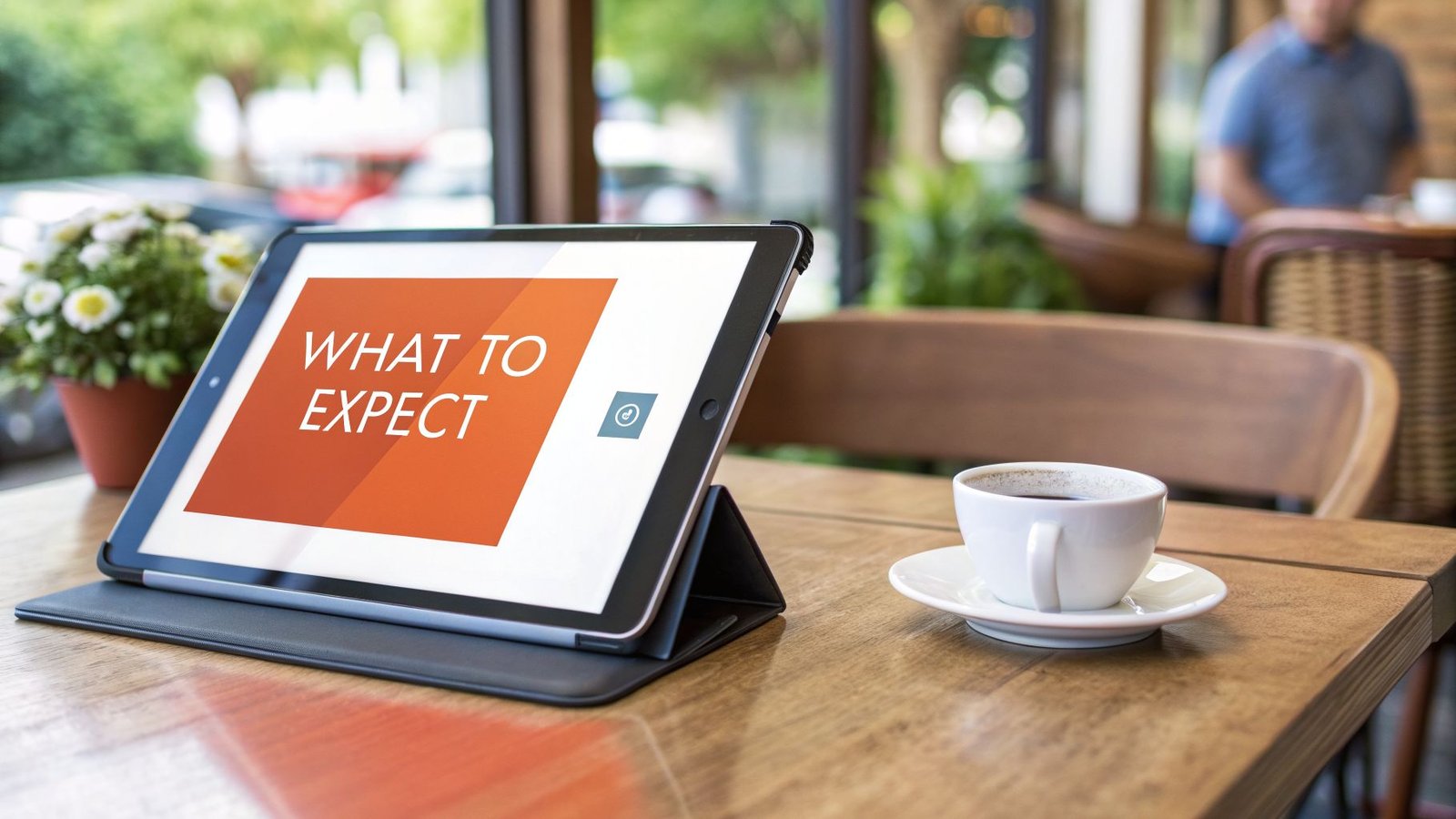 A tablet displaying "WHAT TO EXPECT" and a coffee cup on a wooden table in a cafe.