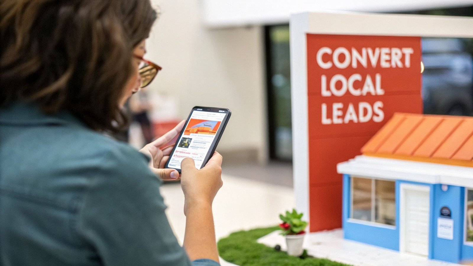 Person browsing a smartphone next to a sign saying 'Convert Local Leads' and a miniature building.