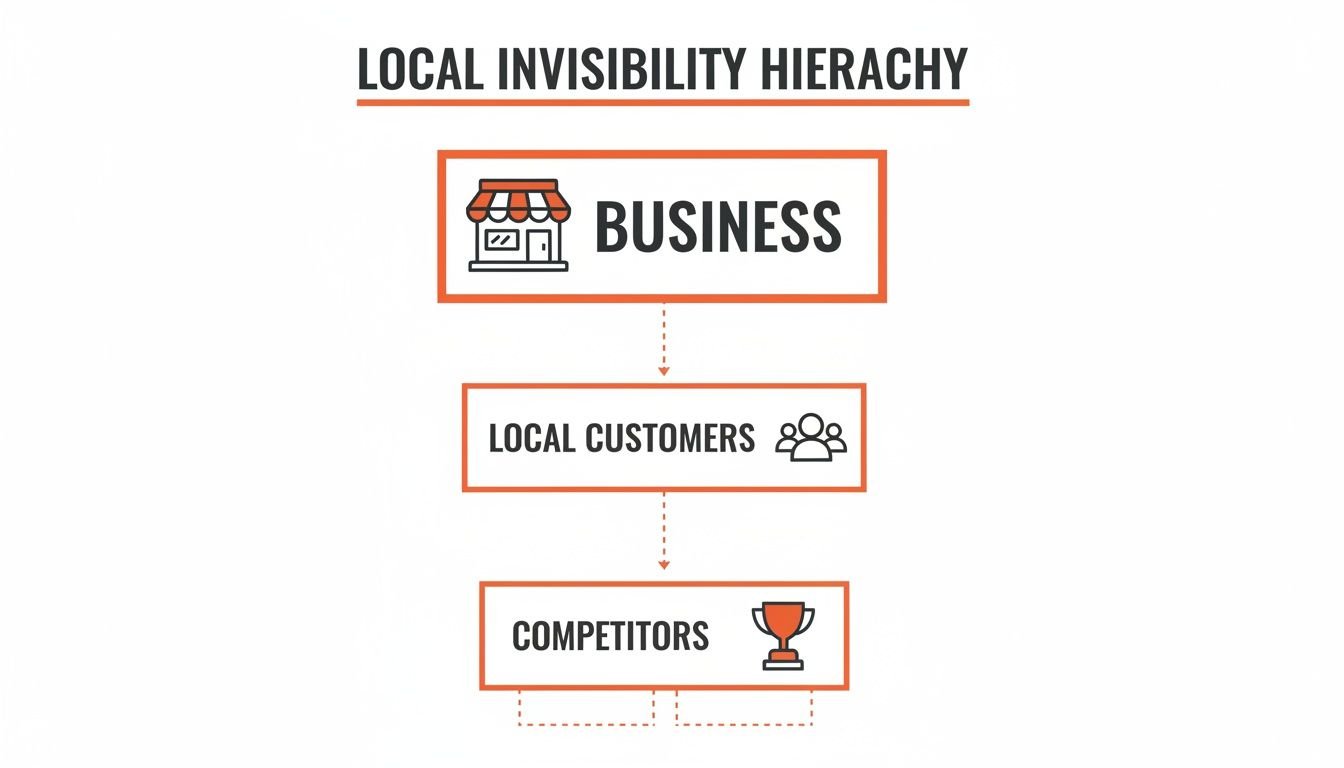 Diagram illustrating the local invisibility hierarchy of business, local customers, and competitors.